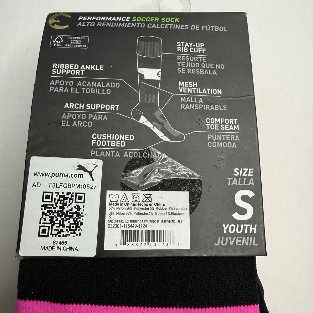 Puma ProCat Youth Soccer Socks Size S 6 Pairs Pink Black White 11-13